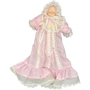 Porcelain Baby Doll in Pink Christening Gown with Bonnet Ornament